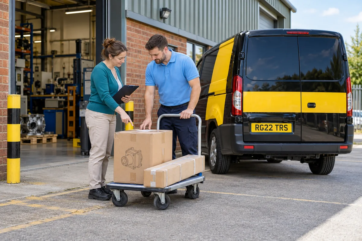 Illustrative courier and dispatch coordinator checking packed business goods beside a black and yellow van