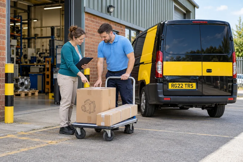 Illustrative courier and dispatch coordinator checking packed business goods beside a black and yellow van