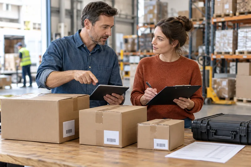 Illustrative dispatch colleagues reviewing prepared cartons and a delivery reference at a warehouse desk