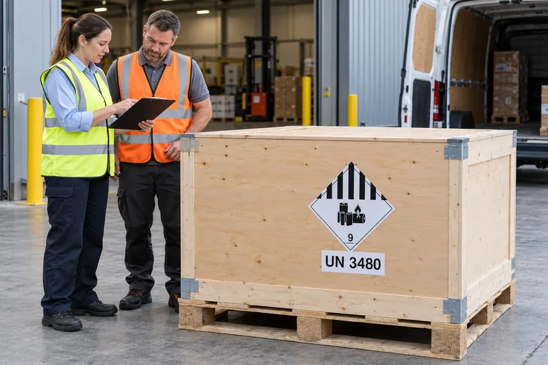 Illustrative dispatch assessment of a closed lithium-ion battery crate with UN 3480 and Class 9A markings
