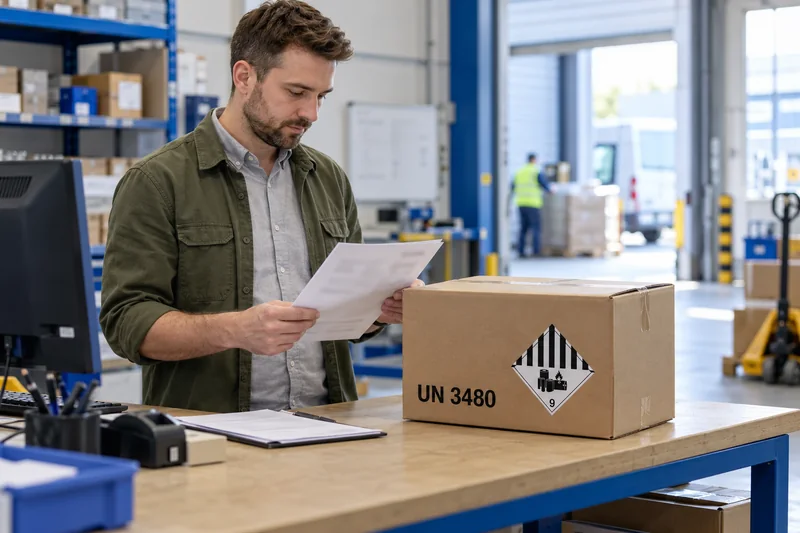 Illustrative coordinator checking shipment documents beside a closed UN 3480-marked battery package