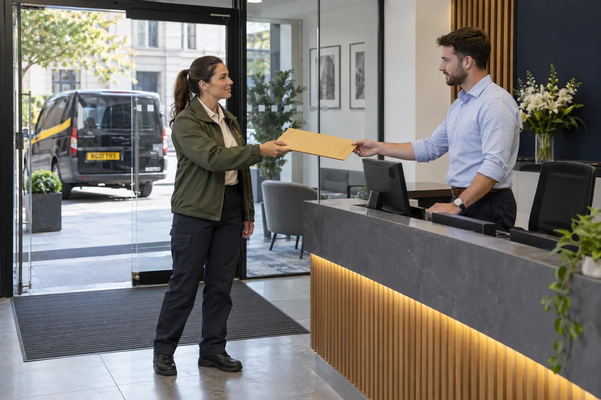 Illustrative courier handover of a sealed document envelope at a British office reception