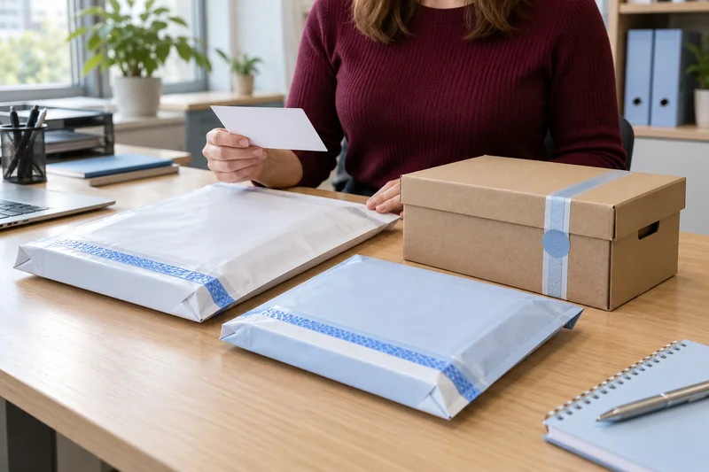 Illustrative sealed document wallets and a closed archive box prepared on an office dispatch desk
