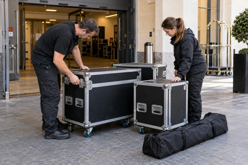 Illustrative handover of closed AV flight cases at a venue service entrance