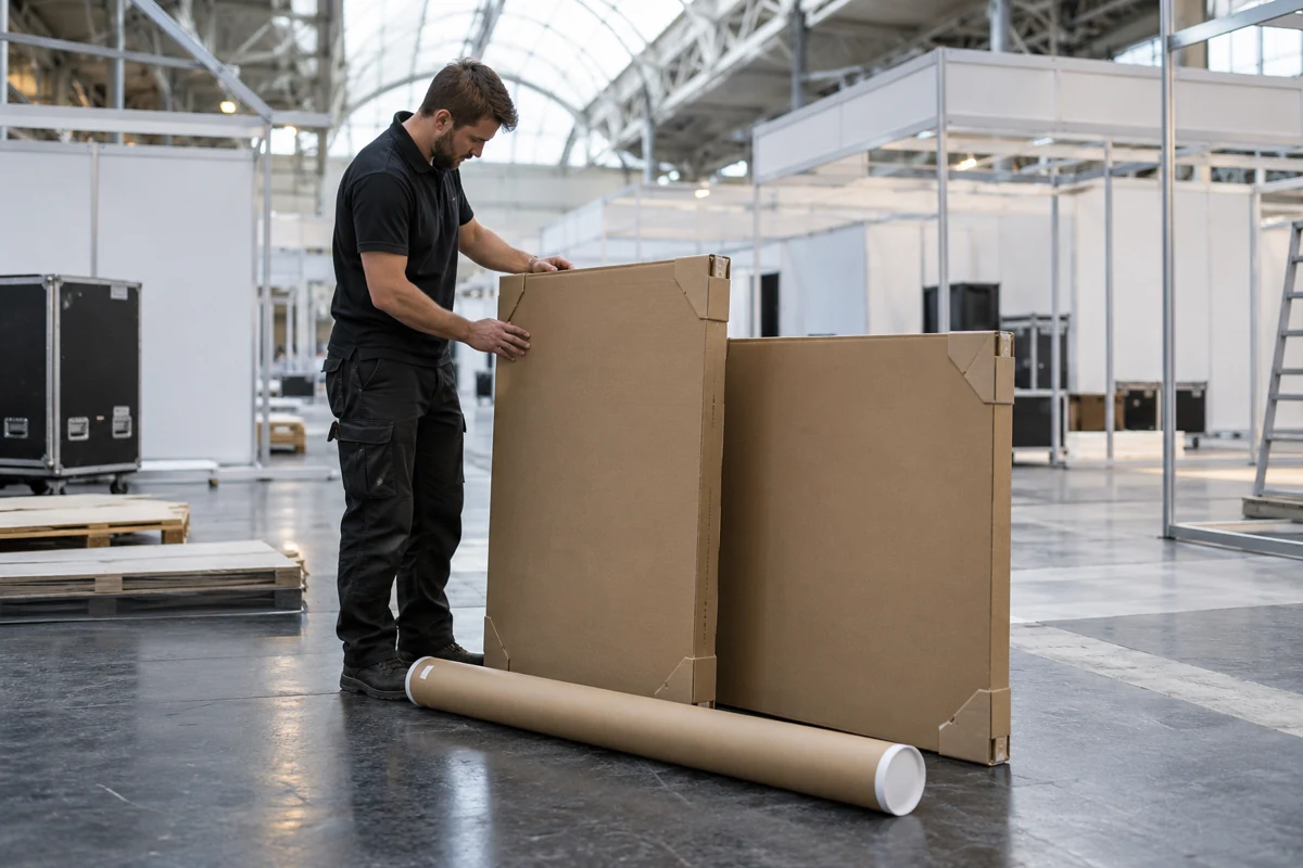 Illustrative delivery of protected rigid panels and a graphic tube in an exhibition hall