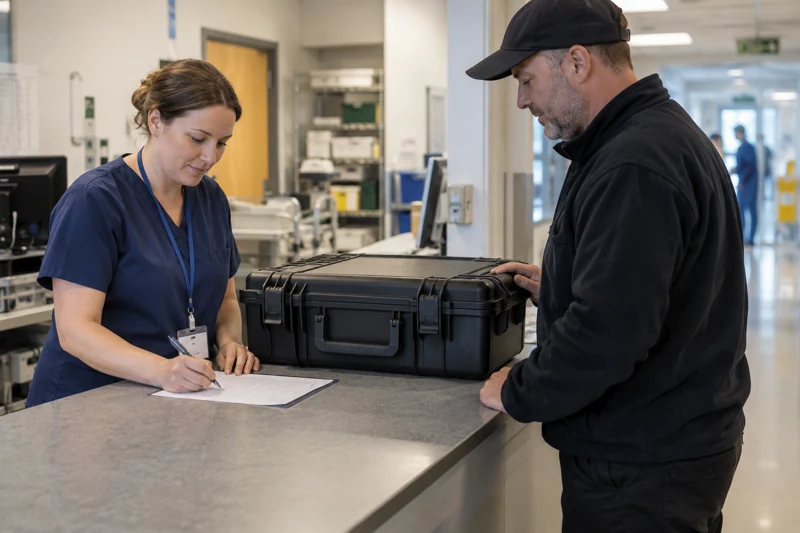 Illustrative handover of a closed protective medical-equipment case at a hospital receiving desk