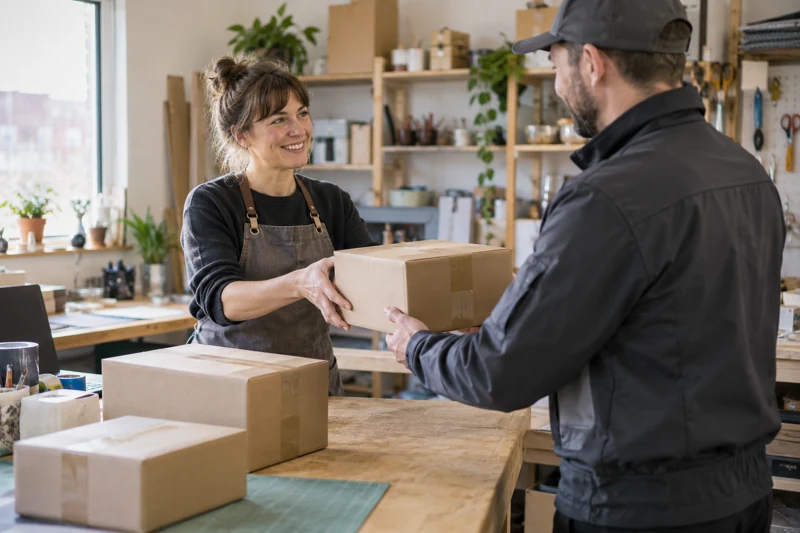 Illustrative small-business parcel handover at a workshop dispatch bench