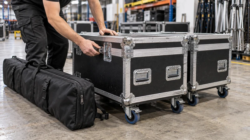 Checking flight-case latches and separate stand bags before event transport.