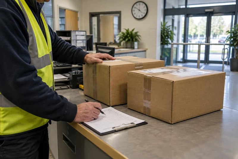 Checking an order reference and package count at an office receiving point.