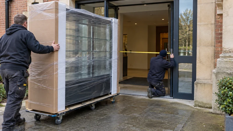 Checking a doorway against the dimensions of a protected large item before delivery.