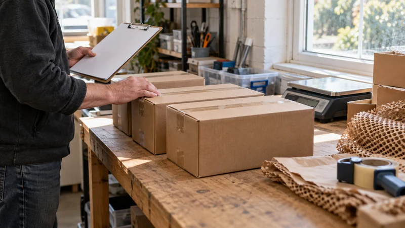 A small-business dispatch bench with boxed orders, weighing scale and delivery paperwork.