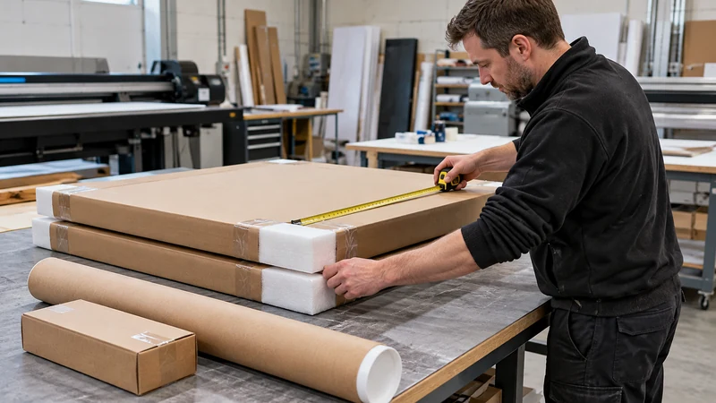 Protected rigid panels, a capped graphics tube and accessory carton prepared at a print room.