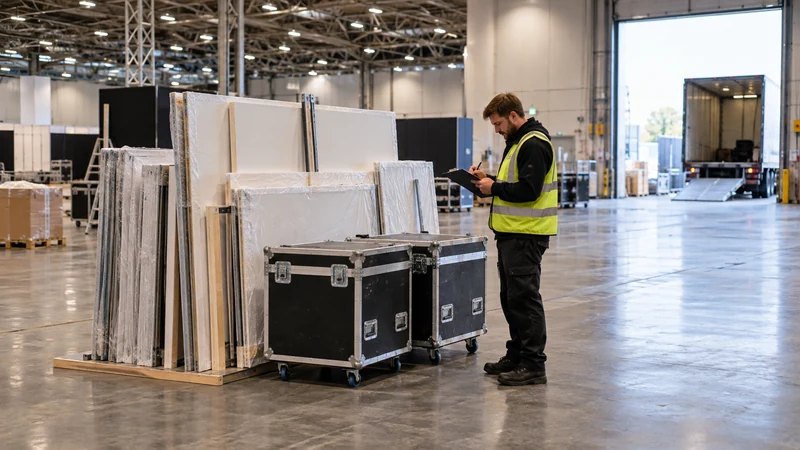 Protected stand panels and flight cases grouped for an exhibition receiving handover.