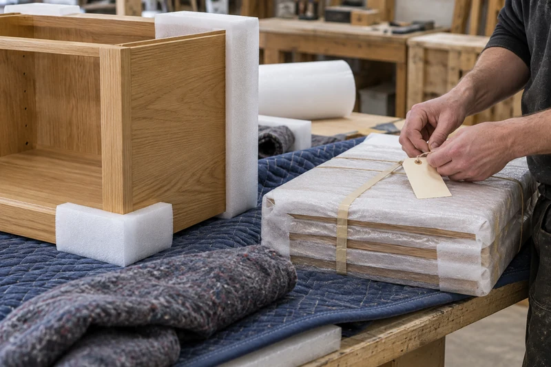 Protective corners on a finished cabinet with shelves packed as separate components.