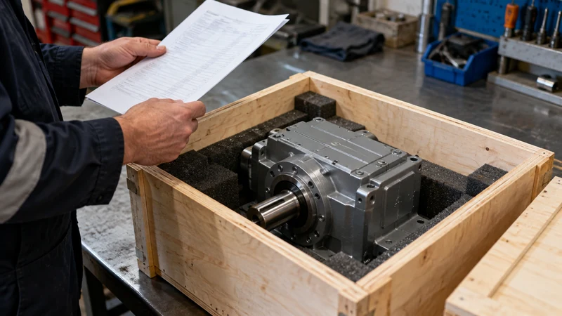 A protected gearbox in a shipping crate prepared for dispatch assessment.