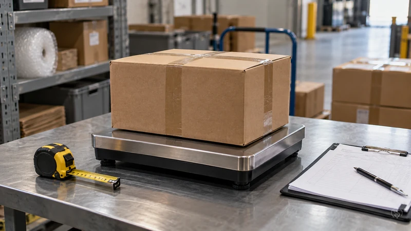 A packed parcel being assessed with a shipping scale and tape measure before quoting.