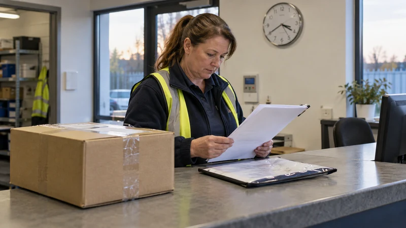 A boxed business consignment and document pouch ready for a named receiving contact.