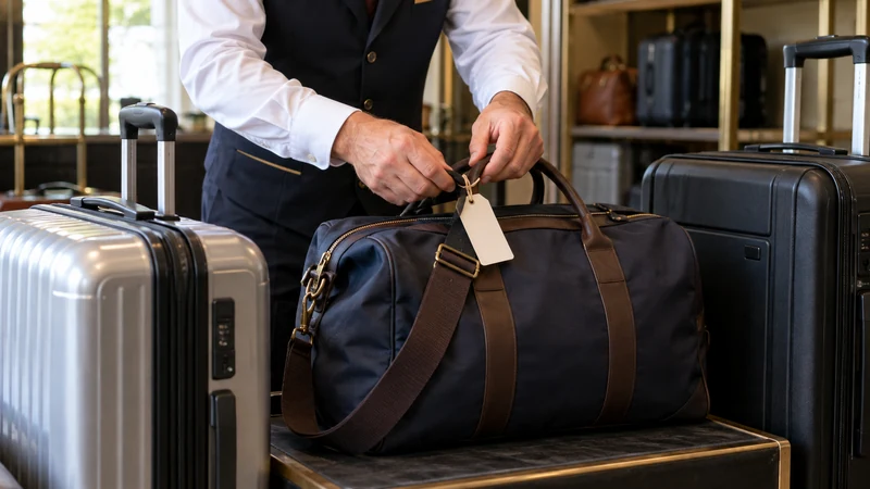 Securing a loose strap and checking the count of closed suitcases and a holdall.