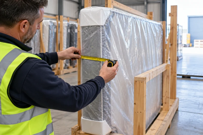 A covered mattress with its packed depth checked before collection.