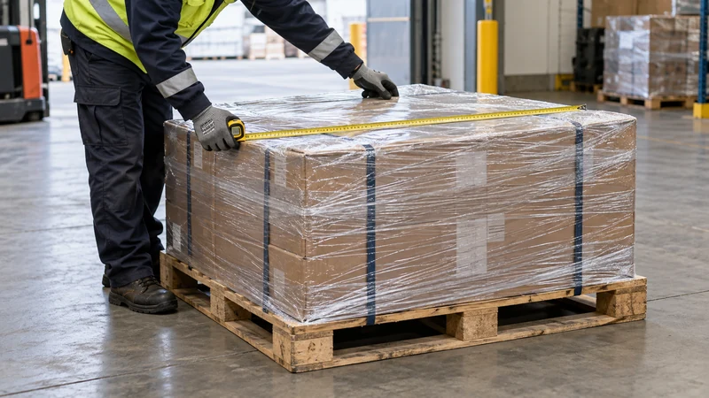Measuring the loaded pallet footprint, including protective packaging, at a warehouse dispatch point.