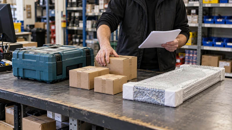 Separate tools and fittings counted together at a trade supplier dispatch counter.