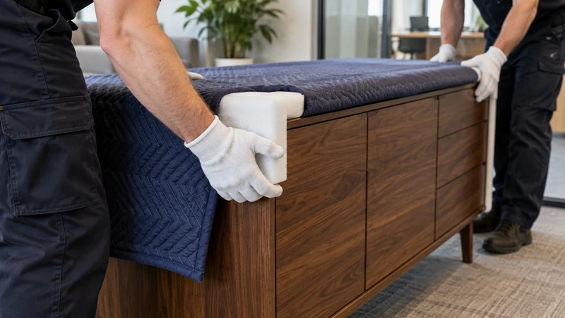 Protecting a finished sideboard's corners and surface before an agreed assisted delivery.
