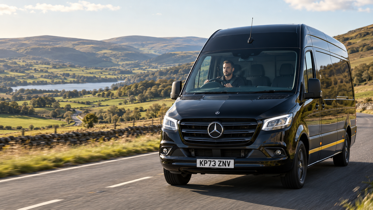 Black-and-yellow courier van with a visible driver and UK registration plate travelling through British rolling hills — illustrative vehicle photography