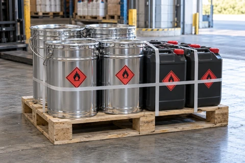 Sealed chemical drums and jerrycans with hazard labels secured on a pallet for transport