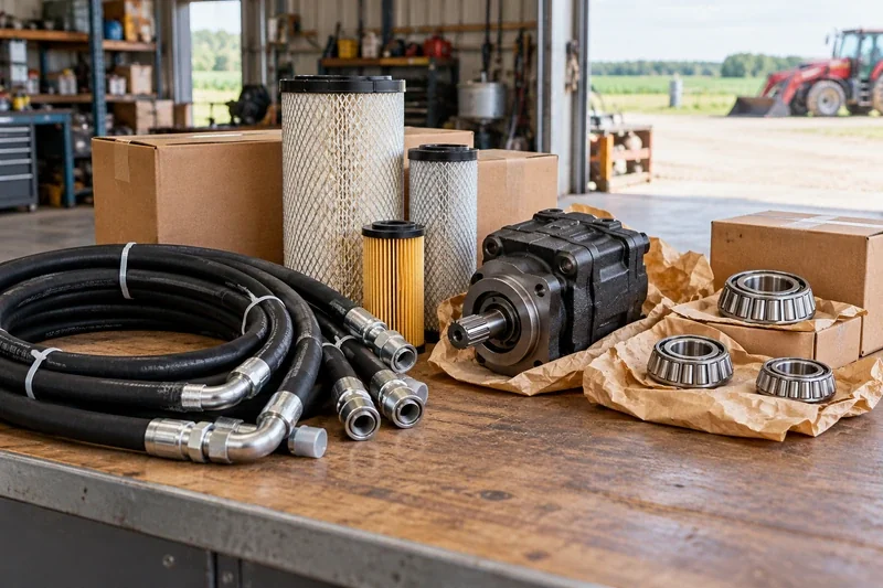 Hydraulic hoses, filters, bearings and machinery parts ready for dispatch