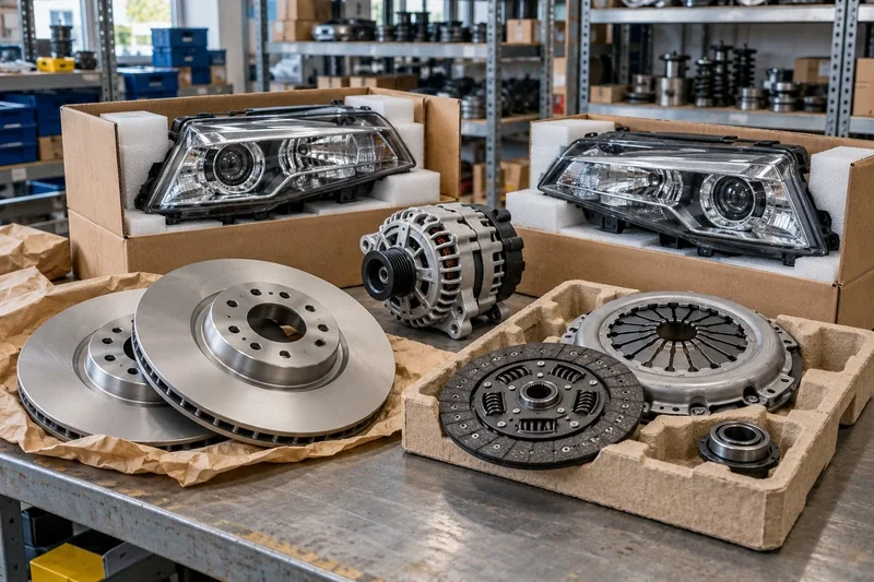 Brake discs, a headlight, alternator and clutch kit packed for transport