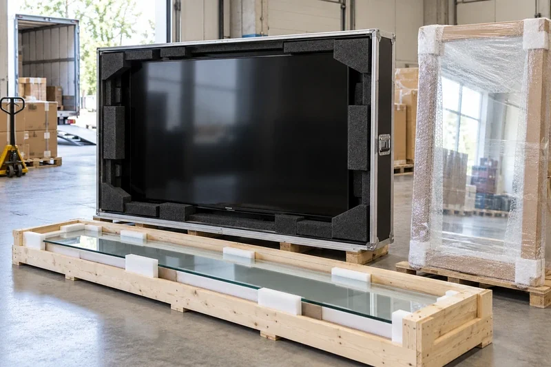 Large display screen secured in protective transport packing on a wooden base