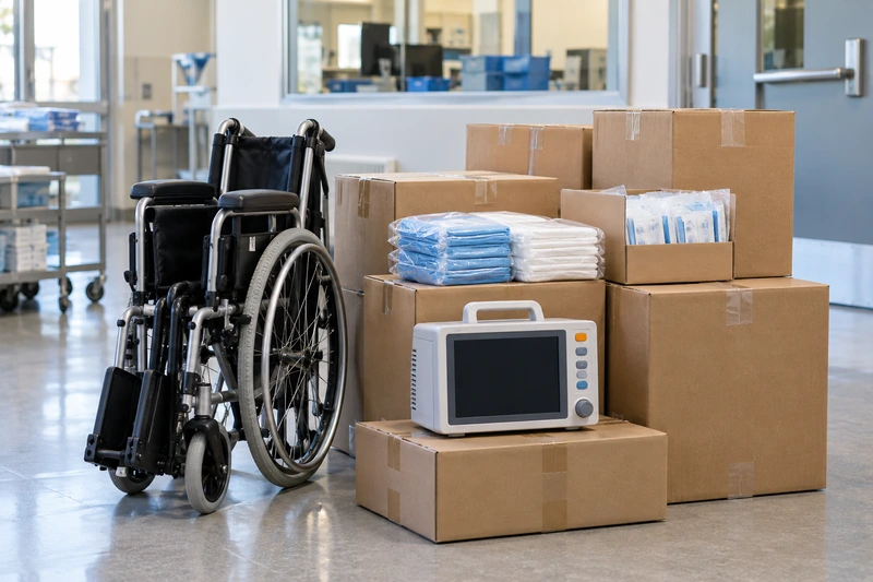 Wheelchair, clinical consumables and monitoring equipment ready for transport
