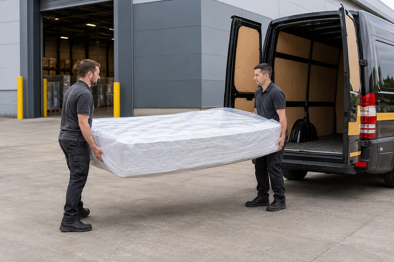 Two couriers carrying a mattress in a protective cover towards a black and yellow delivery van
