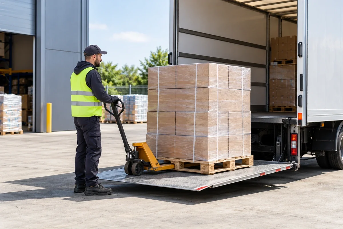 Wrapped pallet on the lowered tail lift of an enclosed Luton van at a warehouse