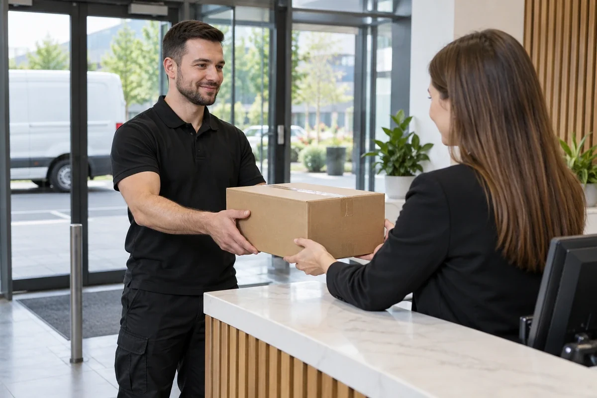 A courier handing a sealed parcel to a business receptionist