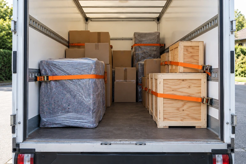 Cartons and protected wooden crates secured inside a courier van
