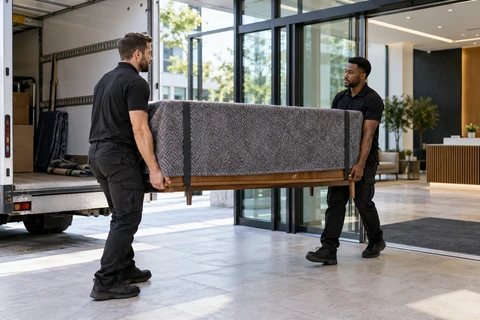 Two delivery workers carrying blanket-protected furniture into an office entrance