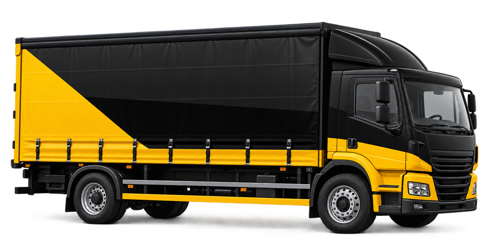 Black-and-yellow 18 tonne rigid curtainsider lorry — illustrative image