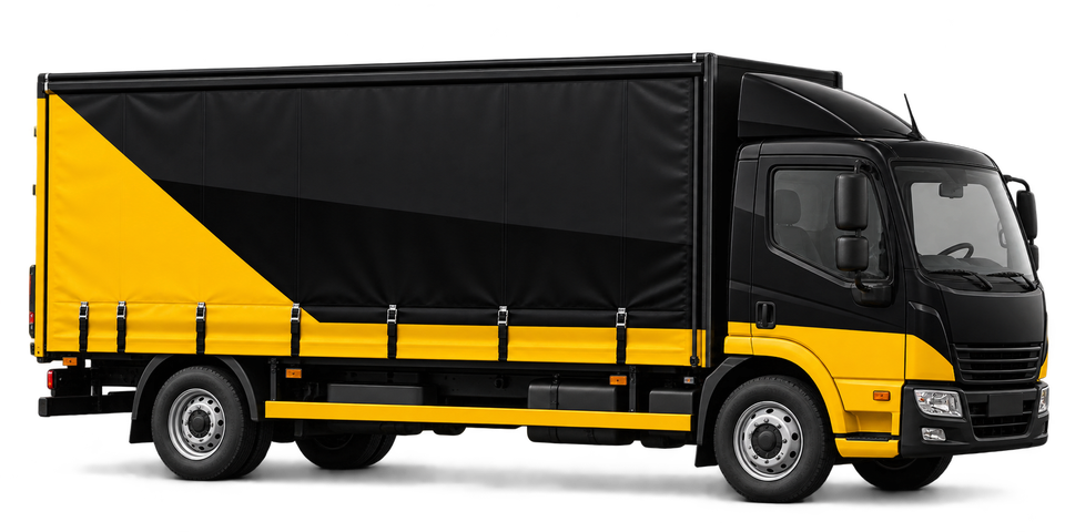 Compact black-and-yellow 7.5 tonne curtainsider lorry — illustrative image
