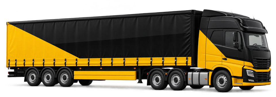 Black-and-yellow articulated HGV with curtainsider trailer — illustrative image