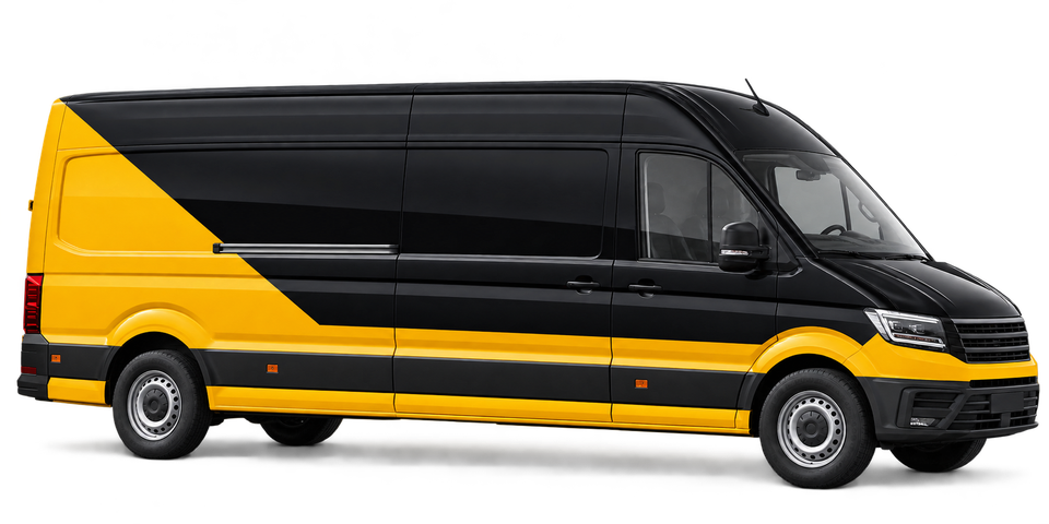 Extra long wheelbase black-and-yellow high roof panel van — illustrative image