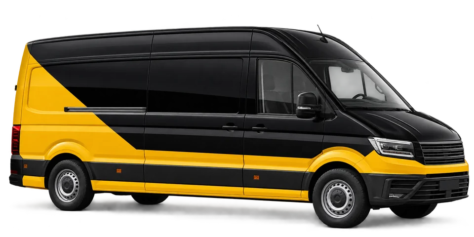 Long wheelbase black-and-yellow high roof panel van — illustrative image