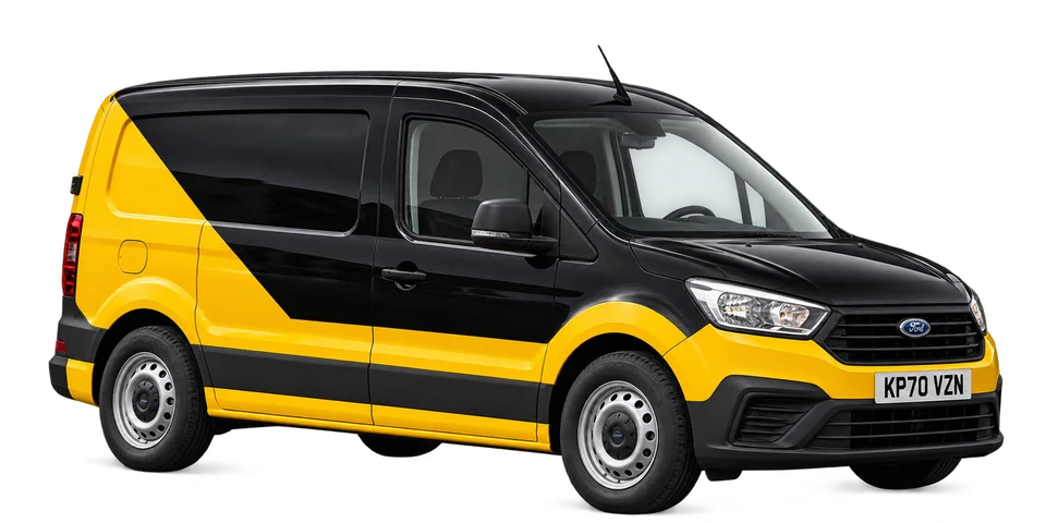 Compact black and yellow Ford Transit Connect style courier van with UK registration plate — illustrative image