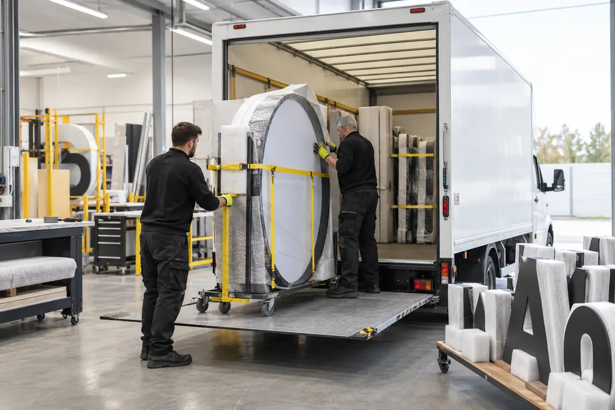 Large fragile signs being carefully loaded into a dedicated Luton van