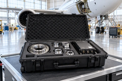 Precisely machined aerospace components and aircraft avionics unit securely nestled in fitted protective foam in an open transport case, inside a bright aircraft maintenance hangar with partial aircraft softly visible behind.