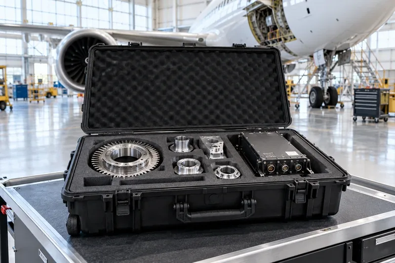 Precisely machined aerospace components and aircraft avionics unit securely nestled in fitted protective foam in an open transport case, inside a bright aircraft maintenance hangar with partial aircraft softly visible behind.