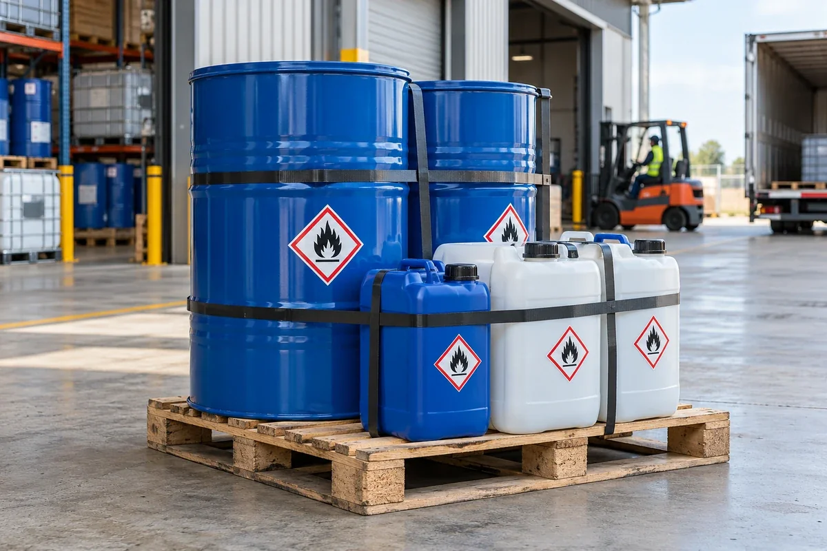 Sealed blue industrial chemical drums and closed chemical jerrycans strapped securely on a small pallet at a clean chemical warehouse dispatch bay, simple correct red diamond flame hazard pictograms on labels
