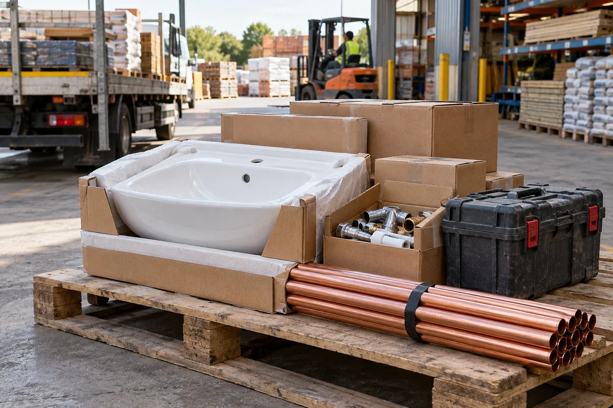 Packed ceramic washbasin, boxed plumbing fittings, copper pipe lengths and a rugged tool case ready for delivery at a builders merchant dispatch bay