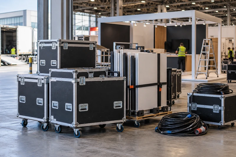 Black wheeled flight cases, carefully packed exhibition display panels and coiled cables at an exhibition hall loading entrance, partly assembled event stand in background.