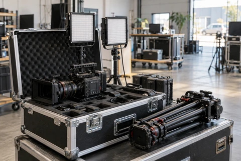 Professional cinema camera with lens in a fitted foam flight case, folded tripod and compact studio LED lights at a film studio dispatch area
